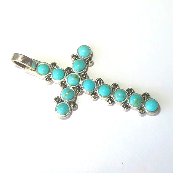 Large Sterling Silver Turquoise Marcasite Pendant - Picture 3 of 13